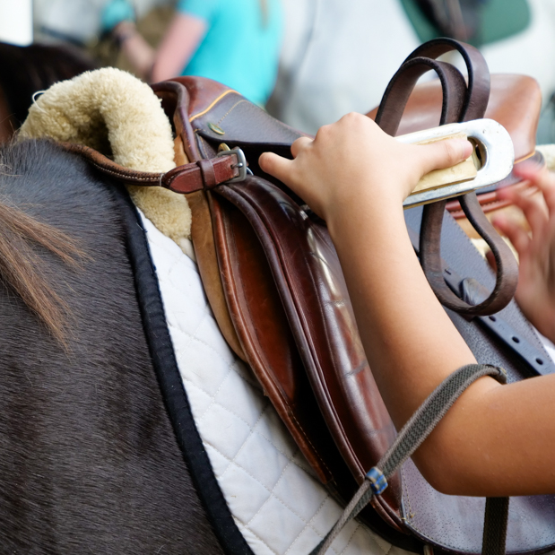 student tacking horse, adjusting stirrups
